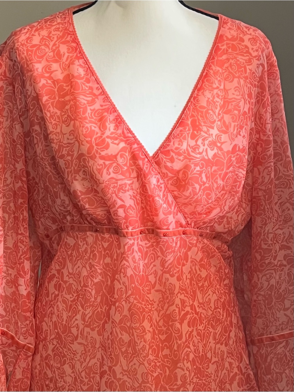 Coral V-Neck Sheer Floral Blouse - Picture 2 of 6